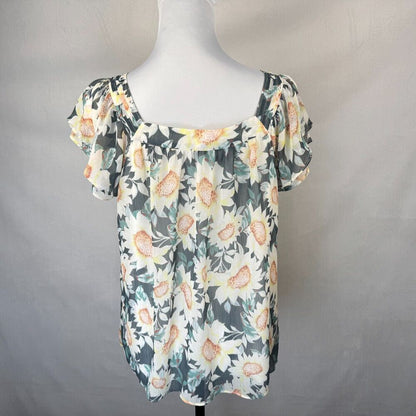 LC Lauren Conrad Women Sz S Sheer Square Ruffle Neck Pleated Sunflower Print