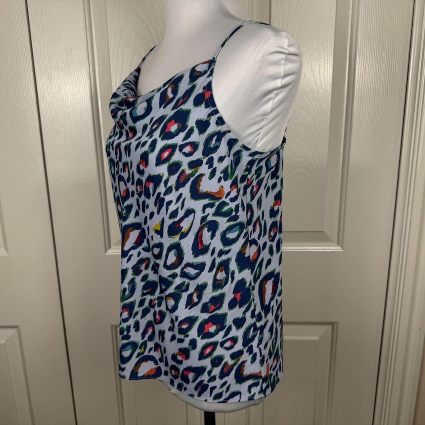Nine West Women Sz S Camisole Tank Top Blue Animal Print Cowl Front Neck