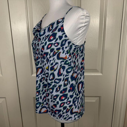 Nine West Women Sz S Camisole Tank Top Blue Animal Print Cowl Front Neck