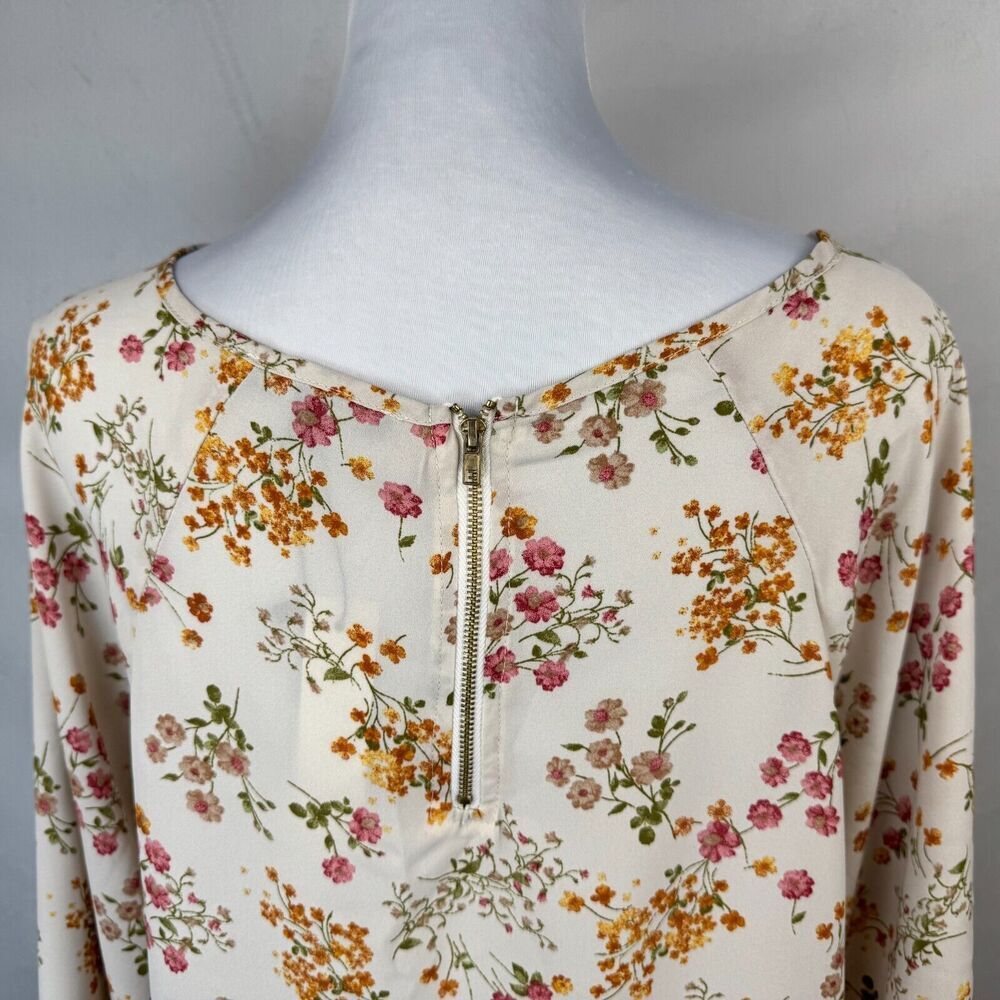 Papermoon Women Sz L Sheer Beige Floral Print Boat Neck Long Sleeve Zipper