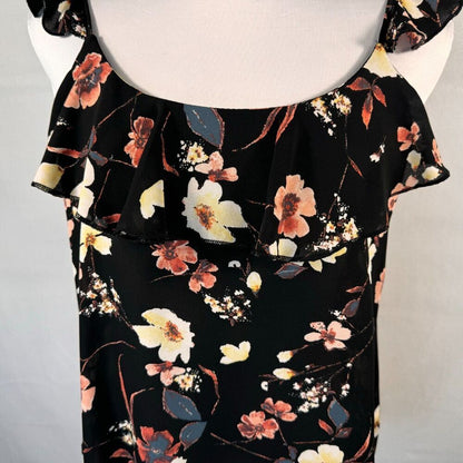 Maurices Floral Tank Sz S Black Peach Yellow Ruffled neck spaghetti straps