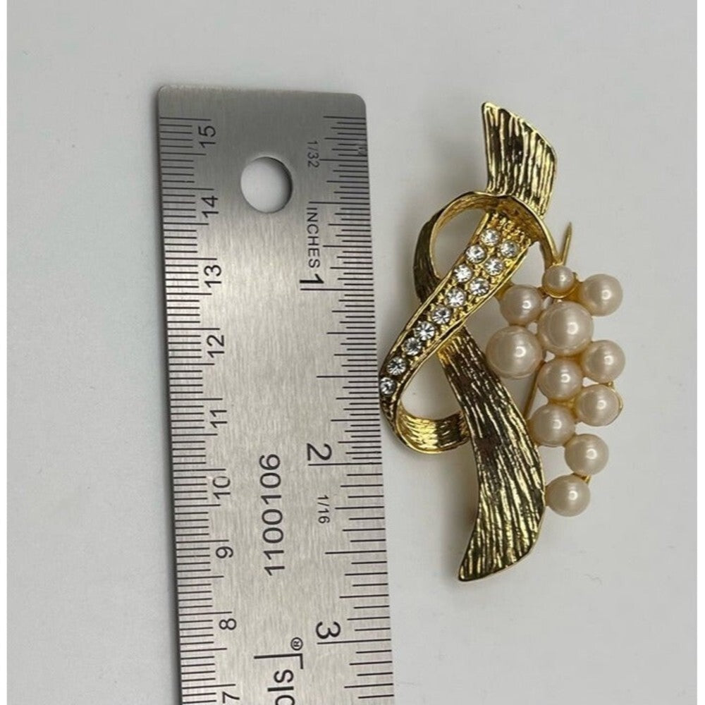 Vintage Gold Tone Faux Pearl Rhinestone Leaf Brooch Floral Spray PinBrooch Gold Pearl and Rhinestone Vintage