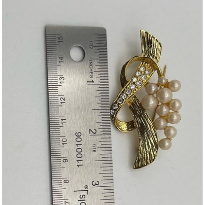 Vintage Gold Tone Faux Pearl Rhinestone Leaf Brooch Floral Spray PinBrooch Gold Pearl and Rhinestone Vintage
