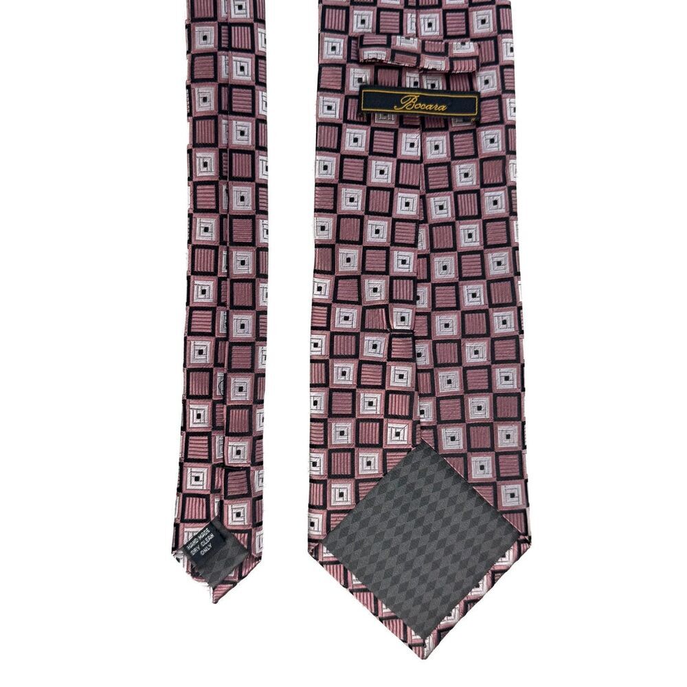 Bocara Silk Hand Made Tie 100% Silk Red Gray Pink Geometric Pattern