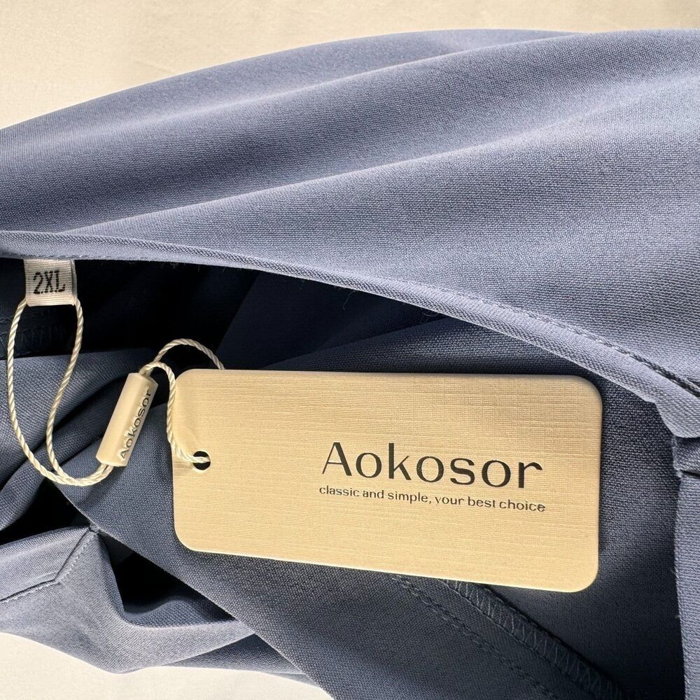 Aokosor Blouse Sz 2XL Light Blue VNeck front pleat Swiss Dot PomPom Short Sleeve