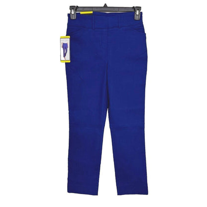 A pair of royal blue straight-leg trousers hanging on a black hanger against a plain white background, with a small yellow-and-white size tag attached near the waistband.