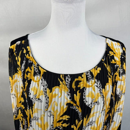 DG2 Diane Gilman Top Sz 1X Black Yellow Print Front Pleated Layered Sleeveless