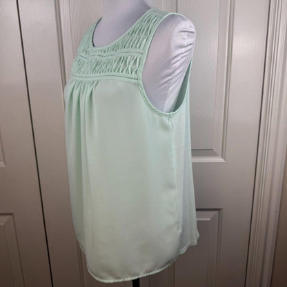 ELLE Women Top Sz M Sheer Round Neck Sleeveless Light Green Smocked Yoke