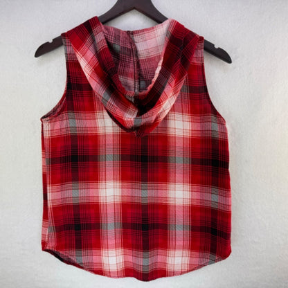 Polly & Esther Sz M Hoodie Button down plaid shirt front pocket rayon