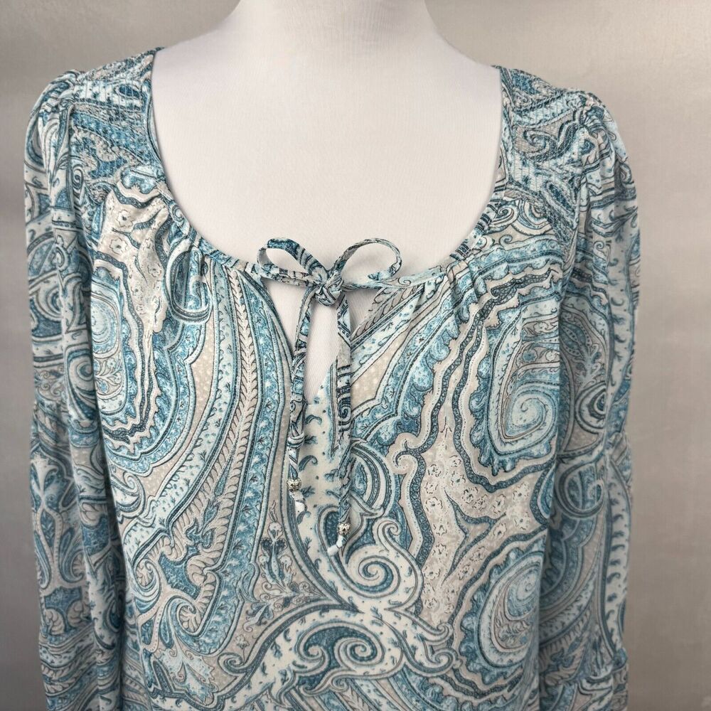 White House Black Market Blouse Sz S Blue Paisley Ruched shoulder Long Sleeve