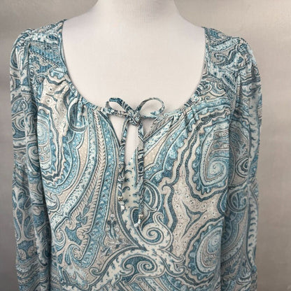 White House Black Market Blouse Sz S Blue Paisley Ruched shoulder Long Sleeve