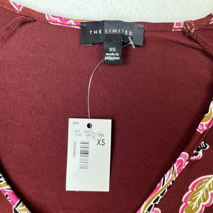 The Limited Women Sz XS NWT Burgundy Long Sleeve Floral Satin Front Knit Back