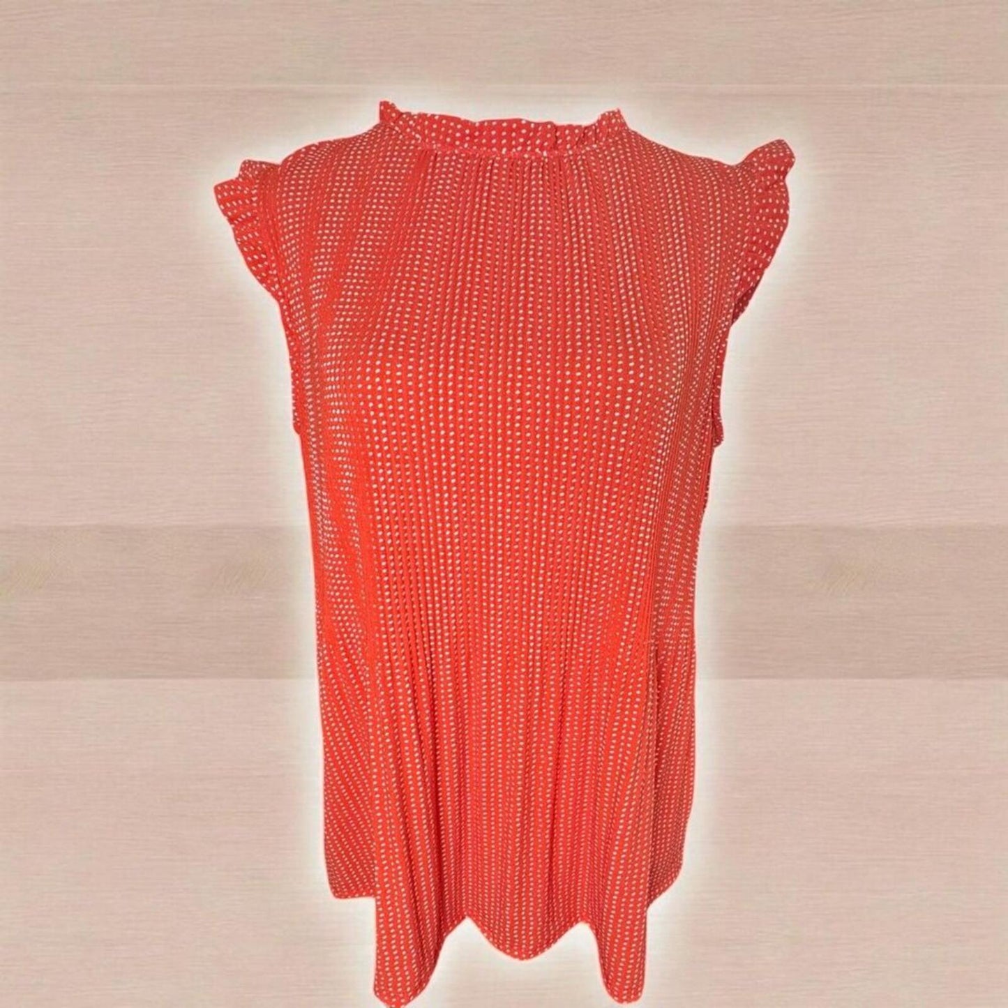 Adrianna Papell Top Sz L Orange Polka Dot Cap Ruffle Sleeve Stretchy Accordion