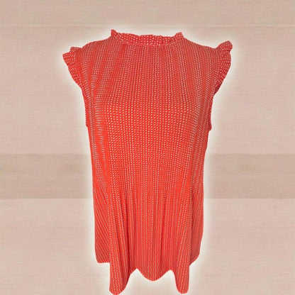 Adrianna Papell Top Sz L Orange Polka Dot Cap Ruffle Sleeve Stretchy Accordion