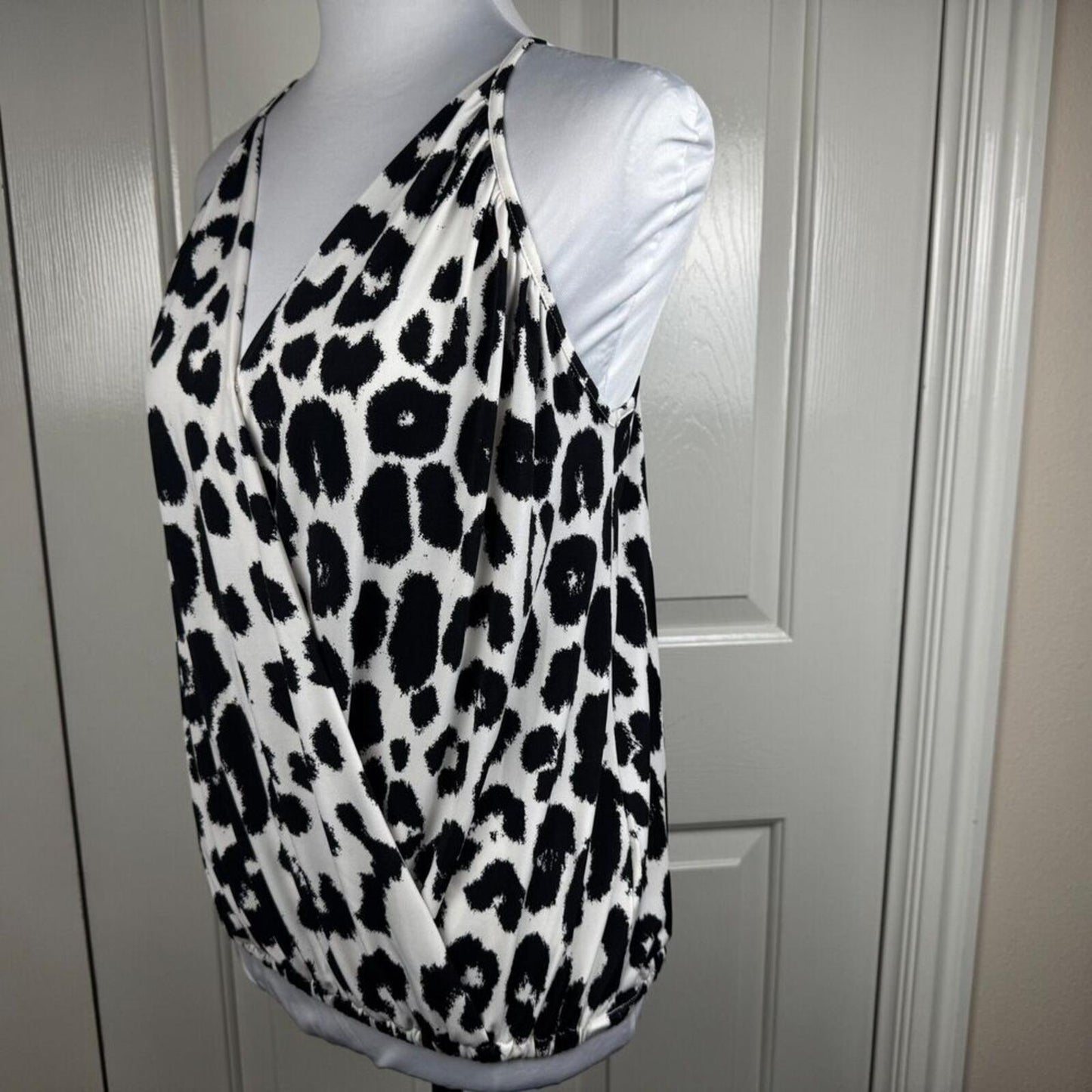 Express Women Halter Top Sz S Black Animal Print Faux Wrap VNeck Sleeveless