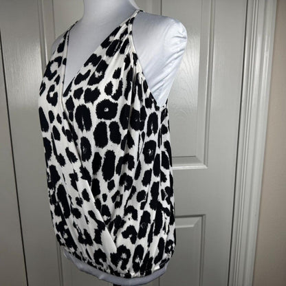 Express Women Halter Top Sz S Black Animal Print Faux Wrap VNeck Sleeveless