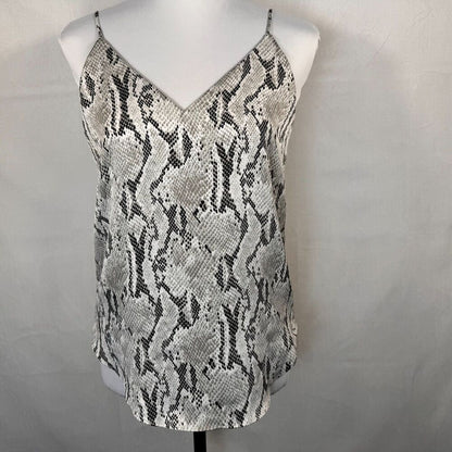 A sleeveless camisole top with a snakeskin pattern in gray, black, and off-white, displayed on a white mannequin torso against a light gray fabric background.