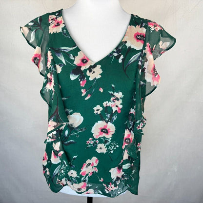 BWear Women Top Sz S Lined VNeck Front Ruffle Sleeveless Green Floral Multicolor