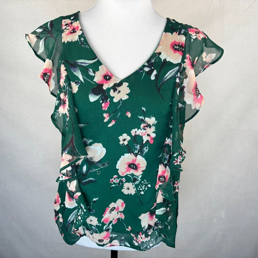 BWear Women Top Sz S Lined VNeck Front Ruffle Sleeveless Green Floral Multicolor