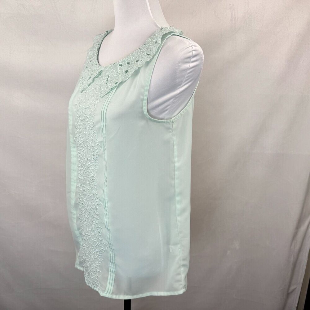 LC Lauren Conrad Sheer Blouse Sz S Embroidered Pleated Green Collared Sleeveless