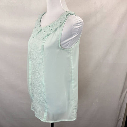 LC Lauren Conrad Sheer Blouse Sz S Embroidered Pleated Green Collared Sleeveless