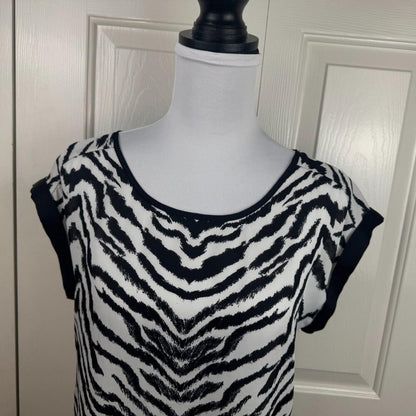 Express Women Top Sz XS Semi Sheer Zebra Black & White Round Neck Cap Sleeve