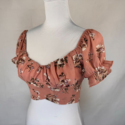 Papermoon Crop Top Sz S Pink Floral Back Tie Puff Sleeve Sweetheart neckline