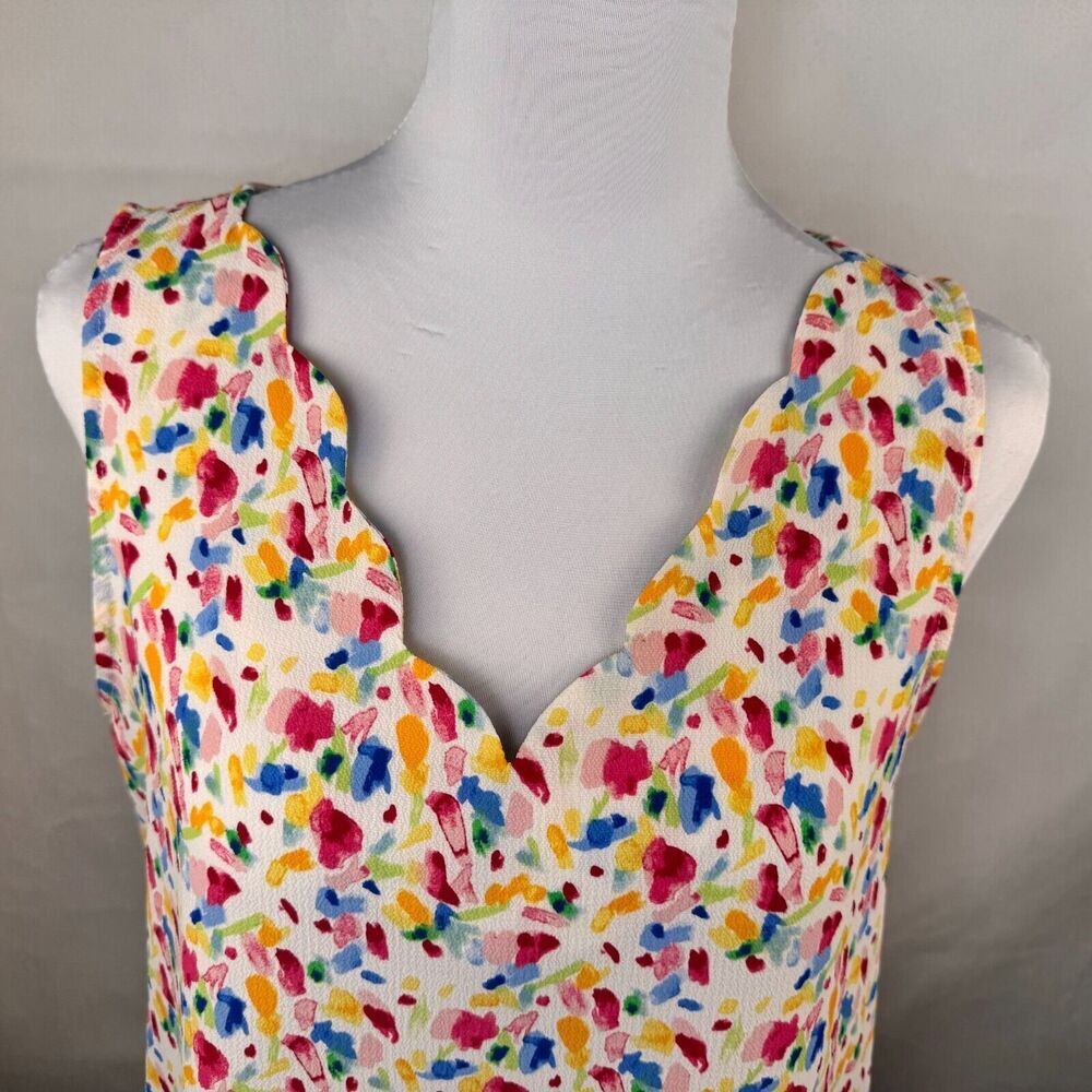 Gibson Top Ladies Sz S White Colorful Watercolor Print Scallop Neck sleeveless