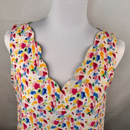 Gibson Top Ladies Sz S White Colorful Watercolor Print Scallop Neck sleeveless