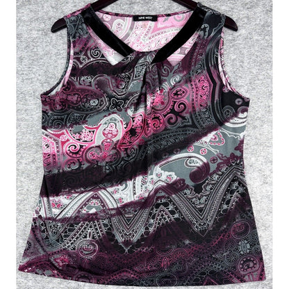 A sleeveless V-neck tank top with a black, gray, and pink paisley pattern, displayed on a black hanger against a gray textured background.
