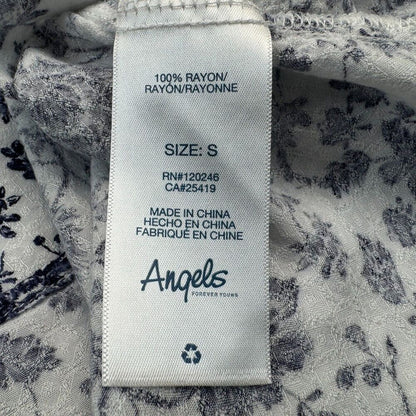 Angels Top Sz S White Navy Blue Floral Round Neck Flutter Sleeve Crochet Trim