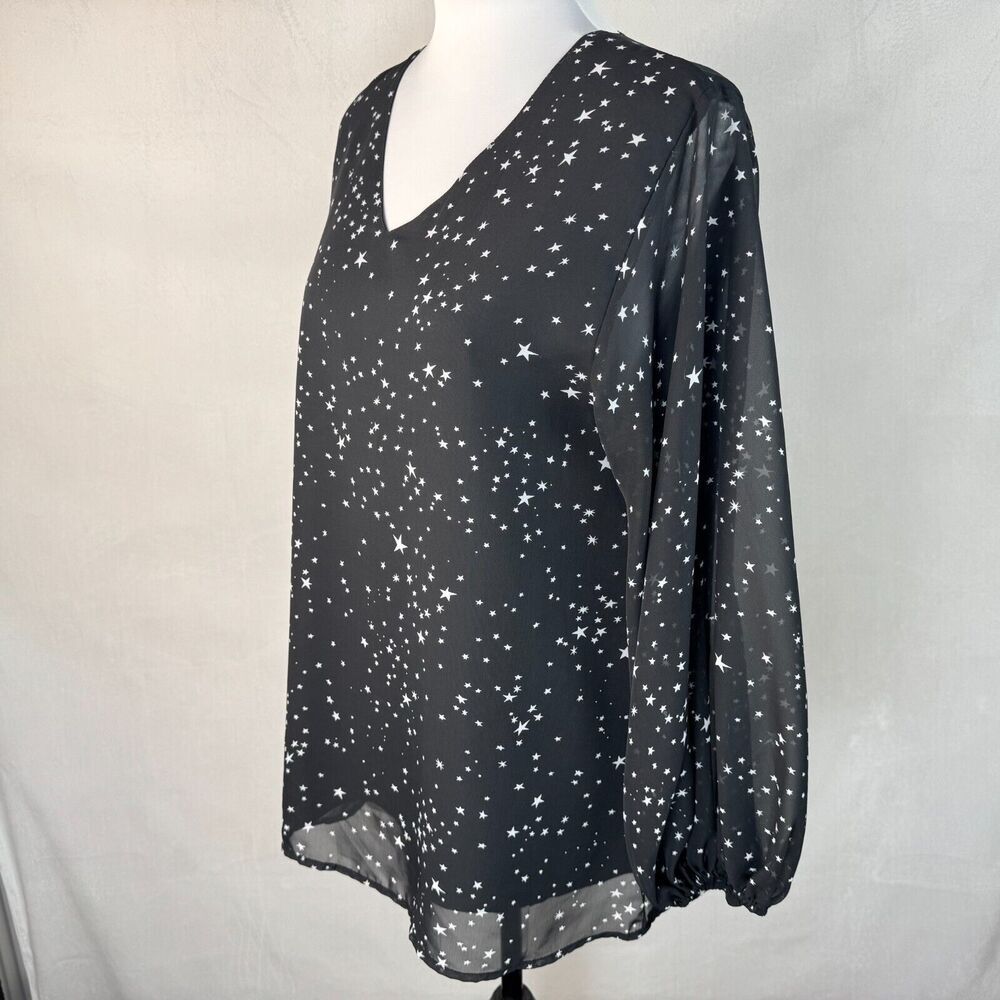 Qearal Blouse Women’s Sz M Lined Sheer Black Gray Stars VNeck Ballon Sleeve