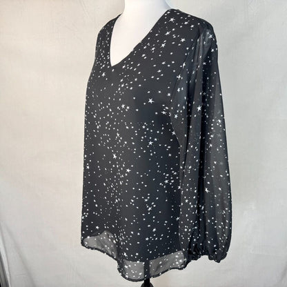 Qearal Blouse Women’s Sz M Lined Sheer Black Gray Stars VNeck Ballon Sleeve