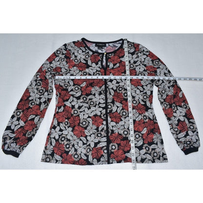 Liz Claiborne Career Blouse Sz S Black Floral Rust White Print front keyhole