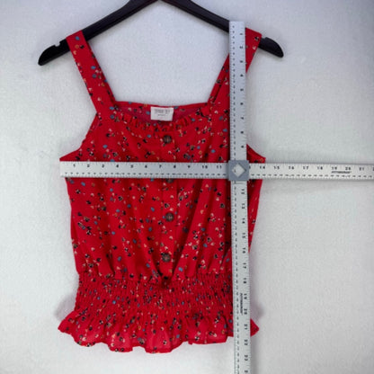 SIENNA SKY CropTop Women Sz S Red Floral Ruffle Neckline Elastic Smocked Waist