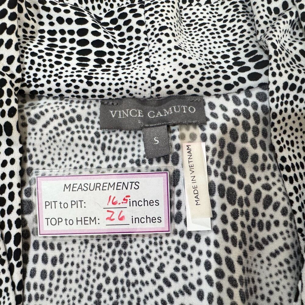 Vince Camuto Top Sz S VNeck Sleeveless White Black Print Pullover Side Ruching