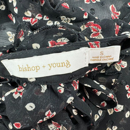 Bishop and Young Sz S Black Sheer Floral Top V-Neck Crochet and Ruffle Trim