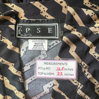 PSE Top Sz M Black Geometric Beige Print Split Neck Peplum Short Balloon Sleeve