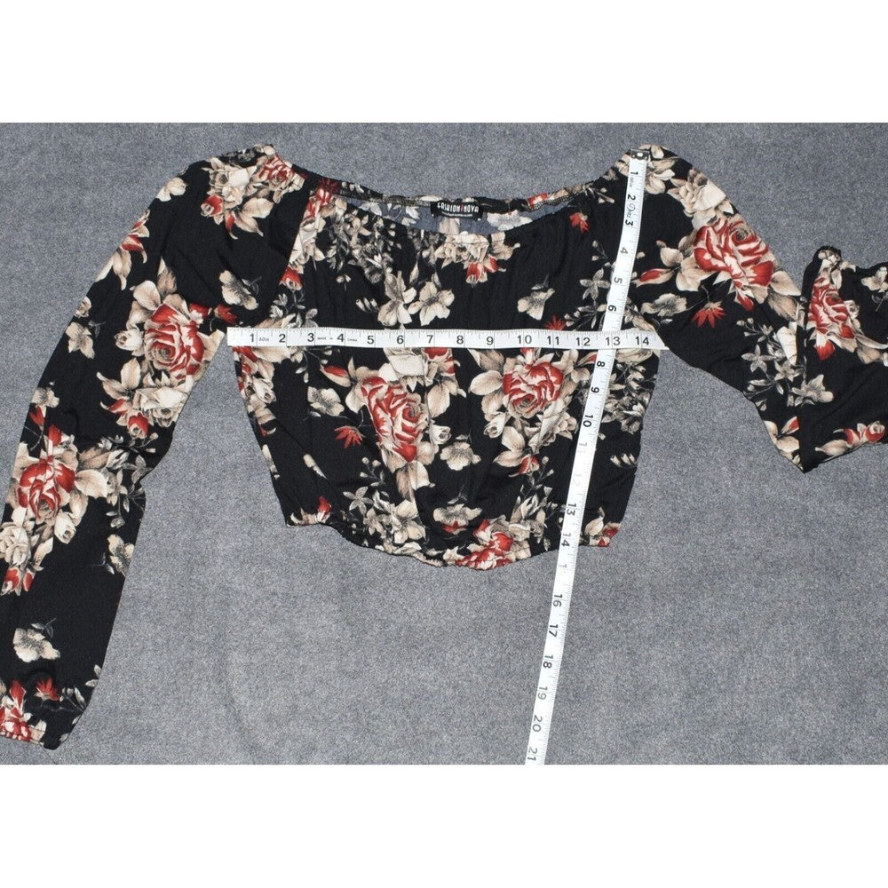Fashion Nova Black Floral  Boat Neckline Long Sleeve Crop Top - Size Small