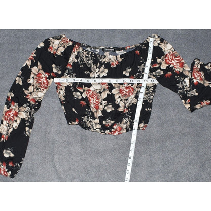 Fashion Nova Black Floral  Boat Neckline Long Sleeve Crop Top - Size Small