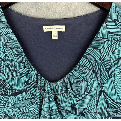 Croft & Barrow Sz 2X Mesh Top Blue and Green Ruffle V-Neck Short Sleeve
