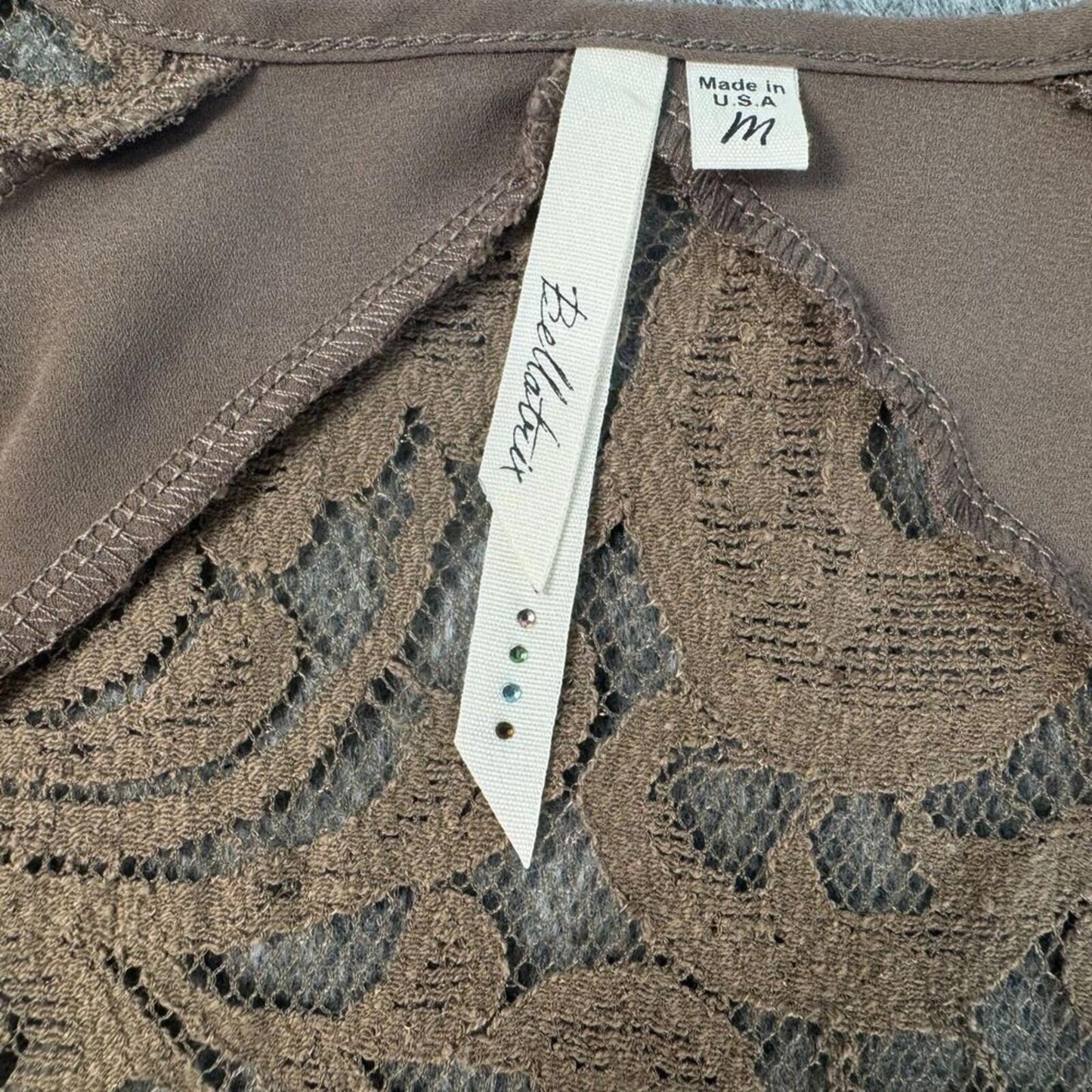 Bellatrix Women Top Taupe Tunic Sz M Front Sheer Lace Back Scoop Neck Sleeveless