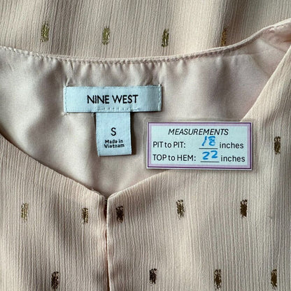 Nine West Sheer Blouse Sz S Peach Foil Gold Speck Chiffon Keyhole Long Sleeve