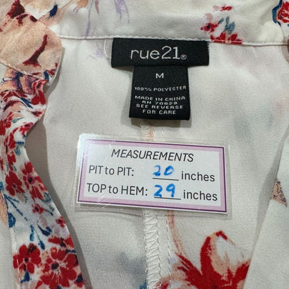 Rue 21 Blouse M White Floral Semi Sheer Tunic 3/4 roll up sleeve Lattice Details