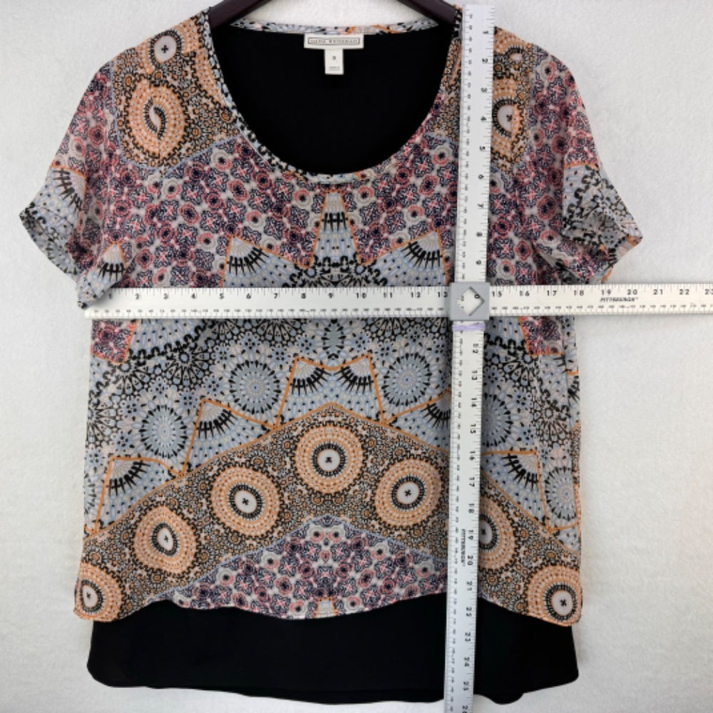 Dana Buchman Blouse Sz S Two-layered Black and multicolor back slit short sleeve