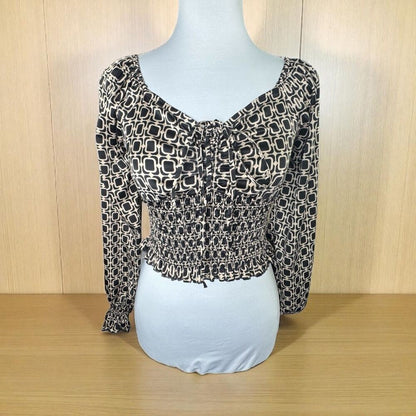 Almost Famous Crop Top Sz XS Satin Black Taupe Sweetheart Neck Long Sleeve
