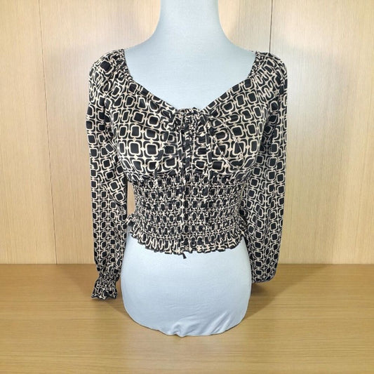 Almost Famous Crop Top Sz XS Satin Black Taupe Sweetheart Neck Long Sleeve