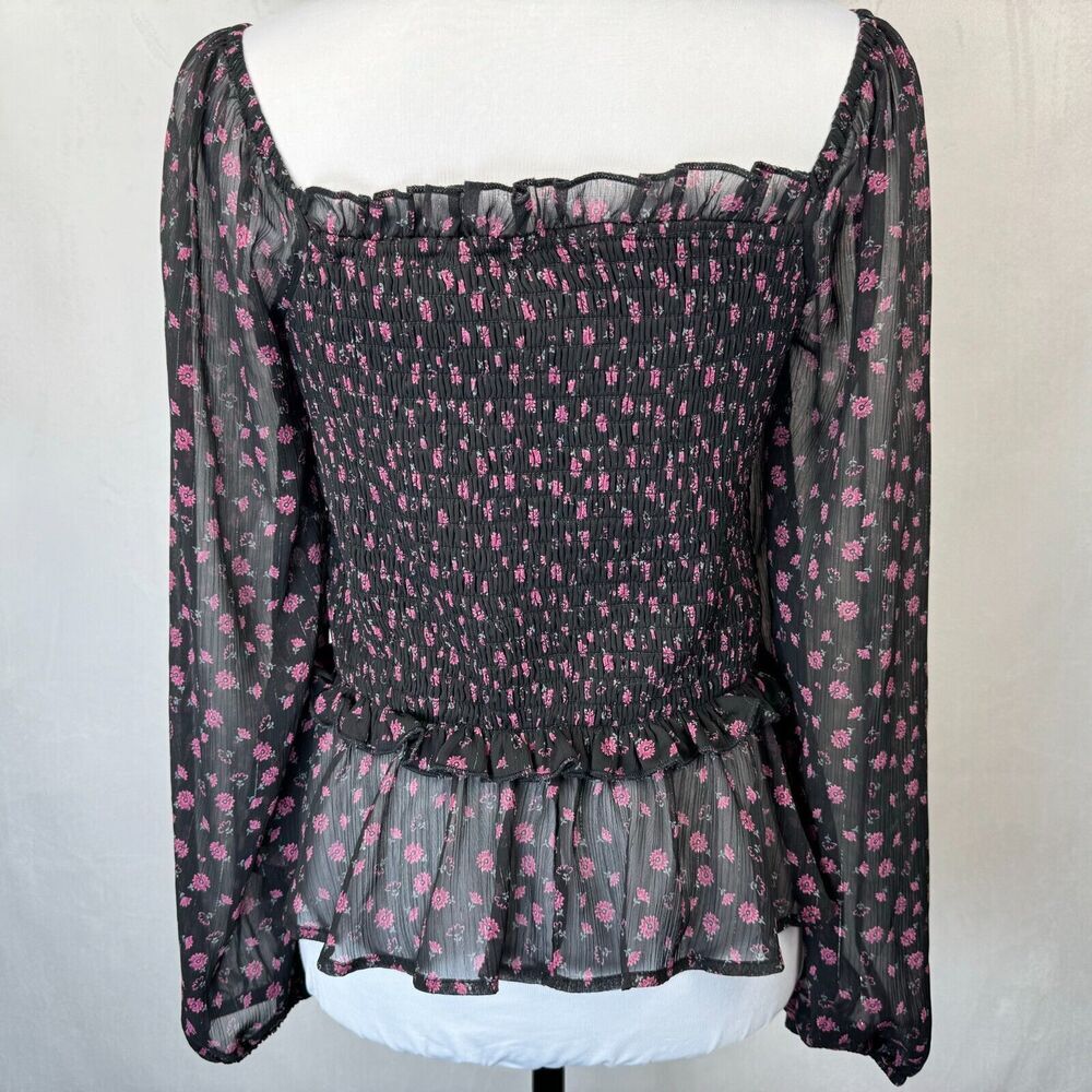 Mi Ami Top Sz M Sheer Cropped Black Square Neck Floral Long Sleeve