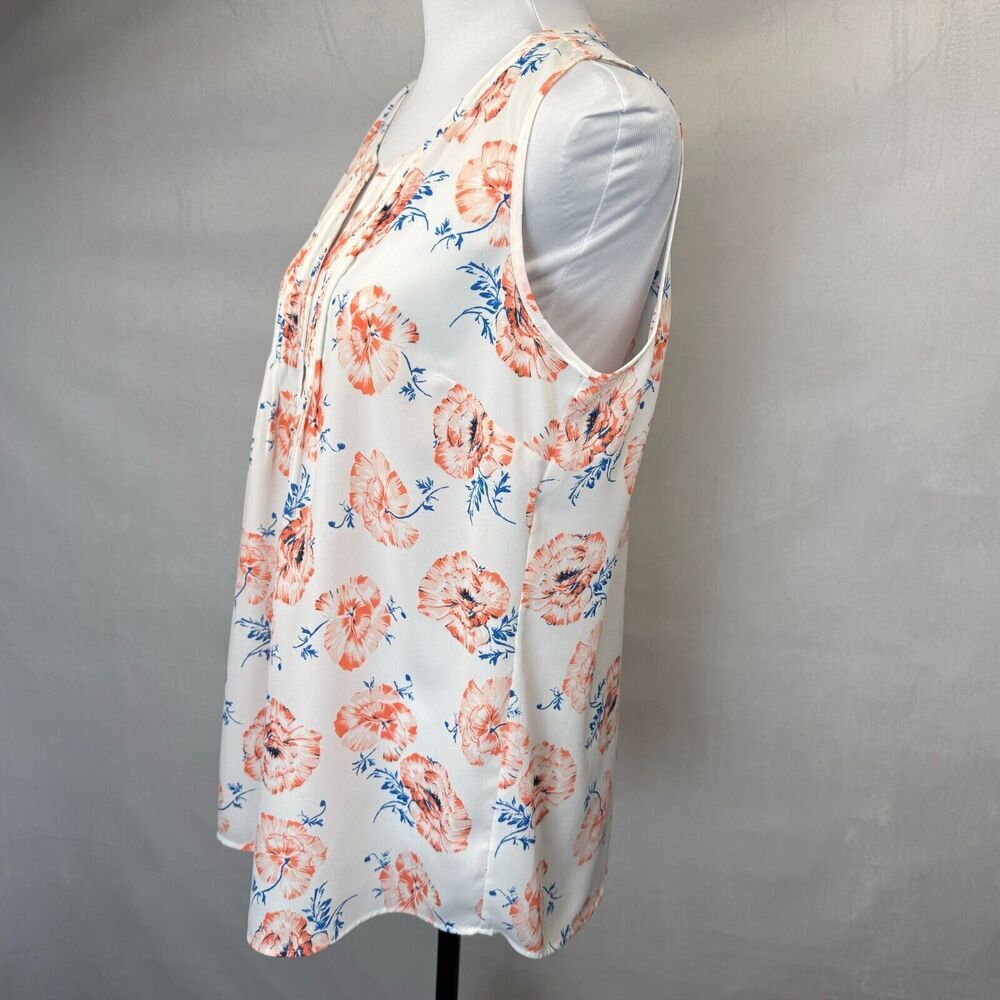 Pale Sky Ladies Sheer Top Sz S White Floral Split Neck Pleated Sleeveless
