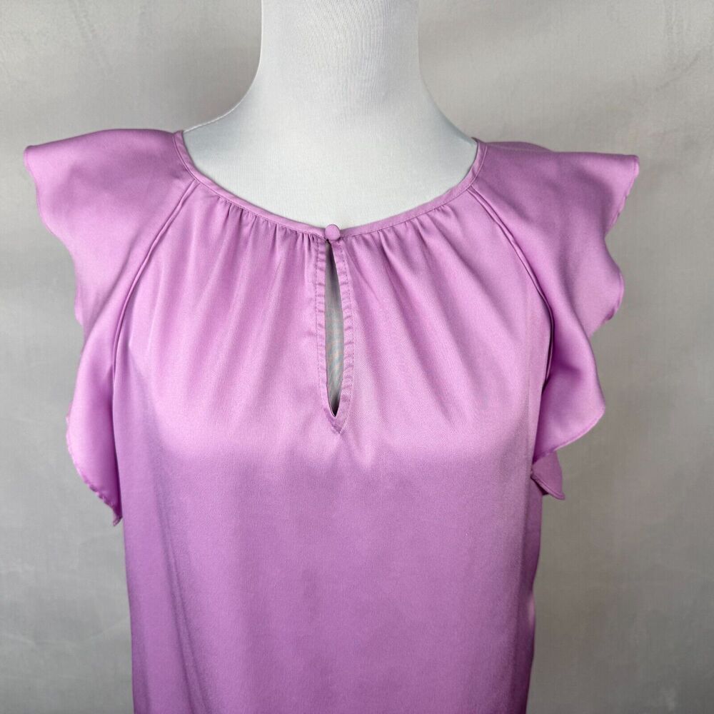 White House Black Market Women Sz XS Pink Round Neck Keyhole Flutter Sleeve